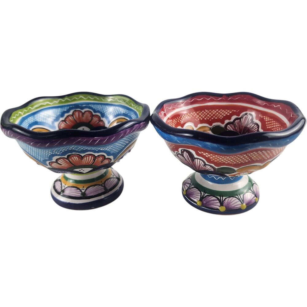 Talavera Pottery Fruit Bowl Pedestal Ceramic Hand-Painted Set~2